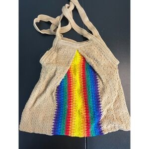 Vintage Women's Boho HIPPIE Tote PURSE HANDBAG Rainbow Woven Fabric Pride‎ Large